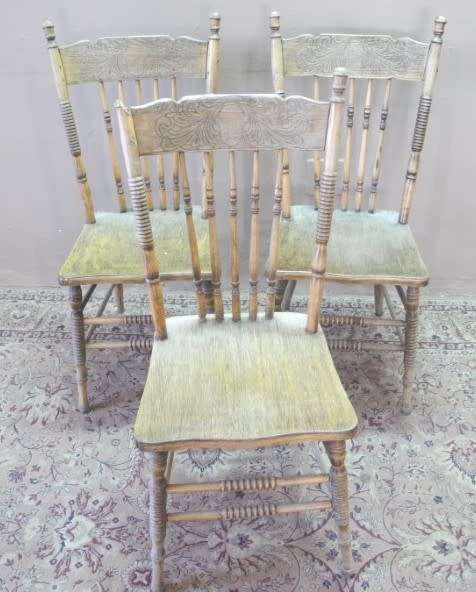 WOW!!! Three wonderful carved solid Oak spindle back chairs for restoration.