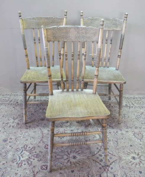 WOW!!! Three wonderful carved solid Oak spindle back chairs for restoration.