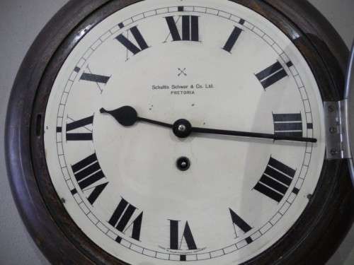 BARGAIN CLOCKS!!A vintage round Schulitis Schwar clock in a wood wall casing. Lifespace Sale