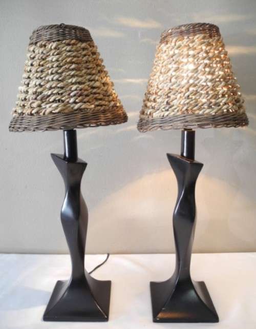 A lovely pair of wood table lamps with wicker shades -Lifespace Sale