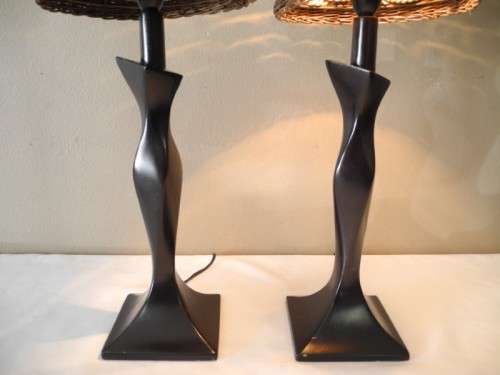 A lovely pair of wood table lamps with wicker shades -Lifespace Sale