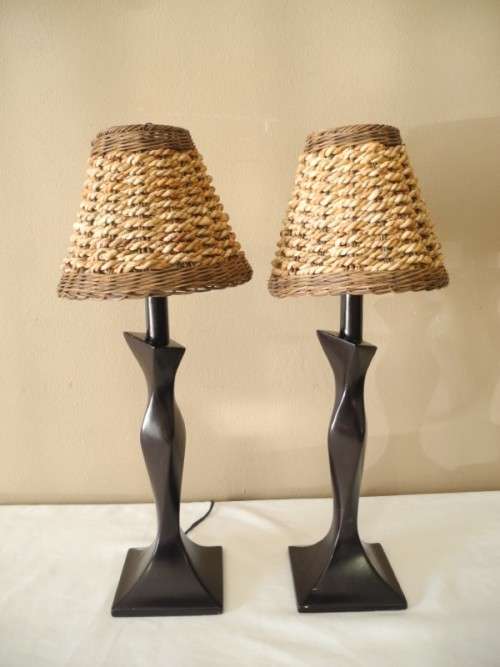 A lovely pair of wood table lamps with wicker shades -Lifespace Sale