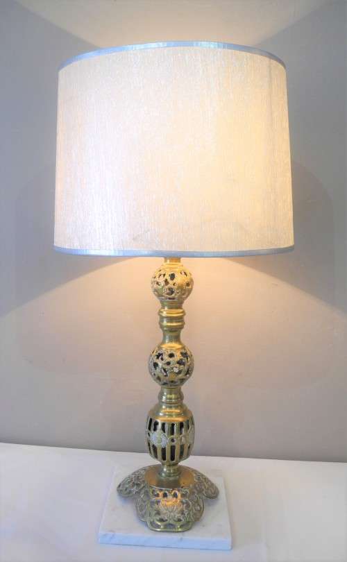 A stunning vintage Brass and marble base table lamp with a silver shade - very stylish.