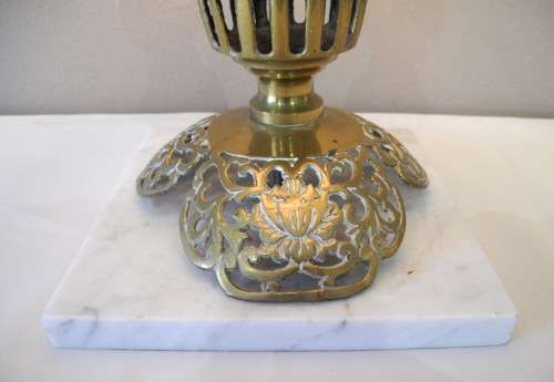 A stunning vintage Brass and marble base table lamp with a silver shade - very stylish.