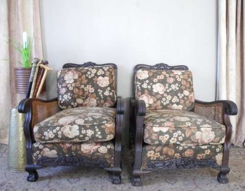 A pair of fabulous floral cushioned vintage Imbuia chairs - perfect in a lapa/patio-Lifespace Sale
