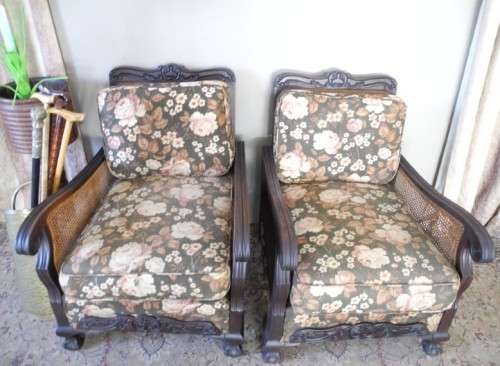 A pair of fabulous floral cushioned vintage Imbuia chairs - perfect in a lapa/patio-Lifespace Sale