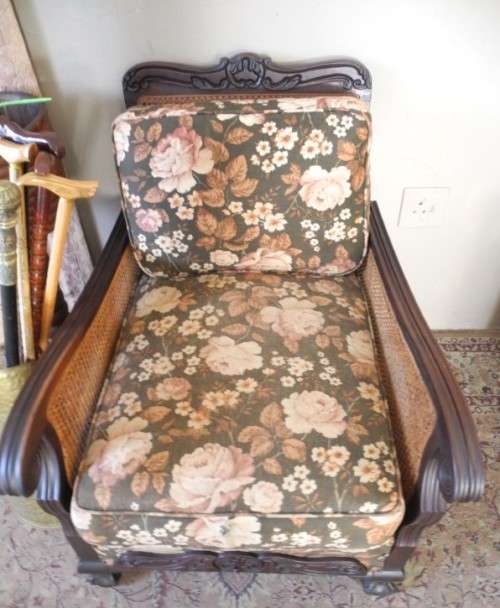 A pair of fabulous floral cushioned vintage Imbuia chairs - perfect in a lapa/patio-Lifespace Sale