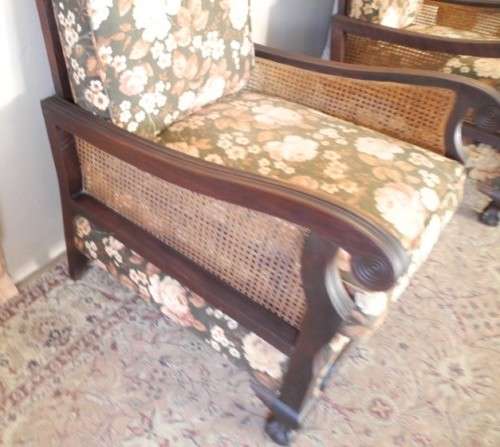 A pair of fabulous floral cushioned vintage Imbuia chairs - perfect in a lapa/patio-Lifespace Sale