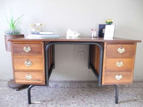 A fantastic old school teachers six drawer Teak desk with a large work surface-Lifespace Sale