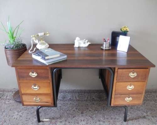 A fantastic old school teachers six drawer Teak desk with a large work surface-Lifespace Sale