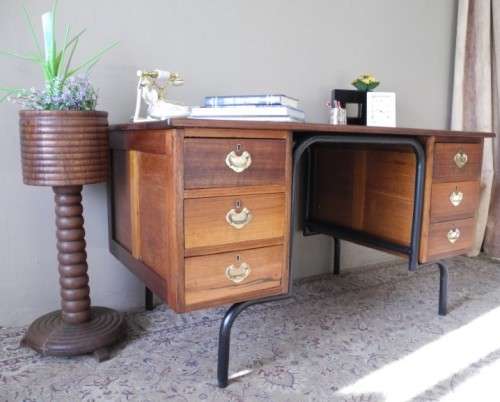 A fantastic old school teachers six drawer Teak desk with a large work surface-Lifespace Sale