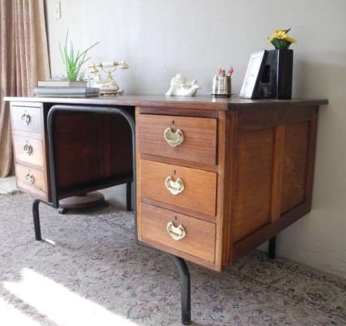 A fantastic old school teachers six drawer Teak desk with a large work surface-Lifespace Sale