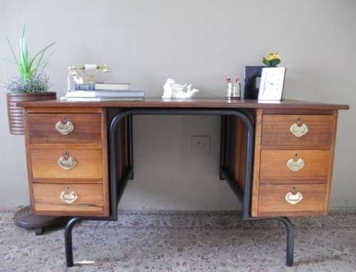 A fantastic old school teachers six drawer Teak desk with a large work surface-Lifespace Sale