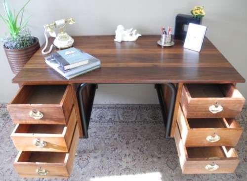 A fantastic old school teachers six drawer Teak desk with a large work surface-Lifespace Sale