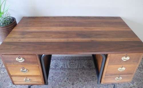 A fantastic old school teachers six drawer Teak desk with a large work surface-Lifespace Sale