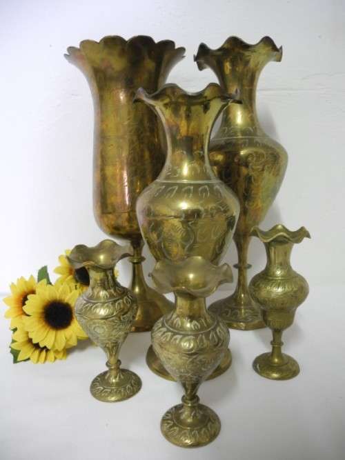 BARGAIN! A collection of 6 different shapes and sizes scalloped brass vases.