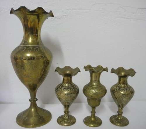 BARGAIN! A collection of 6 different shapes and sizes scalloped brass vases.