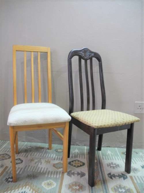 A wonderful set of two odd vintage occasional/ dining chairs.