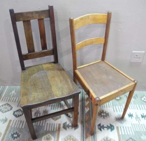 Two wonderful odd vintage wooden occasional/ kitchen chairs.
