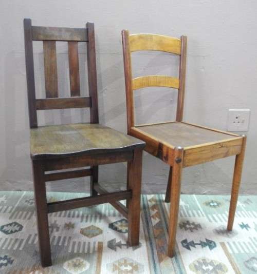 Two wonderful odd vintage wooden occasional/ kitchen chairs.