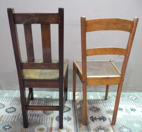 Two wonderful odd vintage wooden occasional/ kitchen chairs.