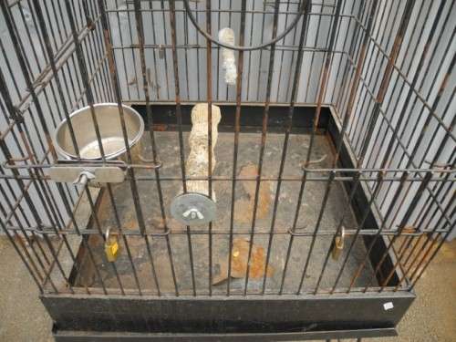 A well made metal bird cage on wheels