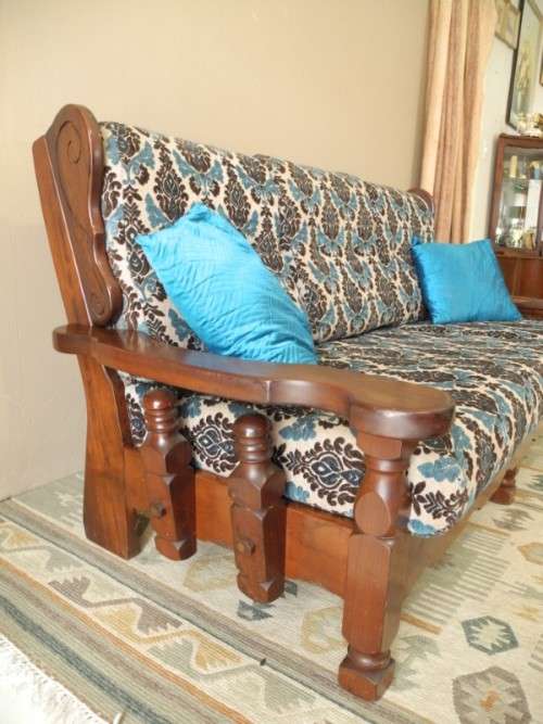 A colourful vintage Imbuia 3 seater couch - perfect in a lounge/patio/lapa.