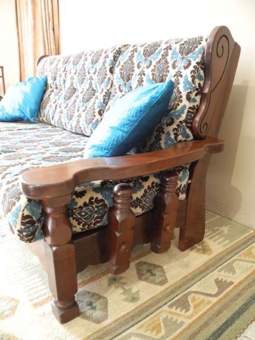 A colourful vintage Imbuia 3 seater couch - perfect in a lounge/patio/lapa.