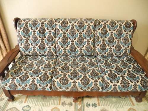 A colourful vintage Imbuia 3 seater couch - perfect in a lounge/patio/lapa.