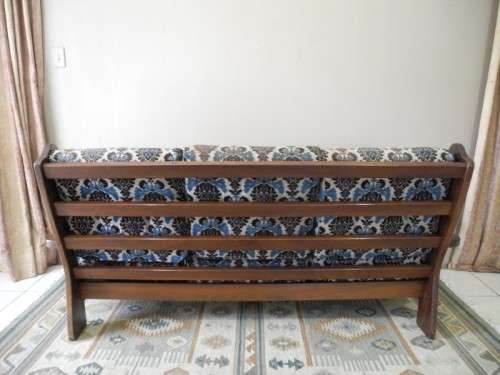 A colourful vintage Imbuia 3 seater couch - perfect in a lounge/patio/lapa.