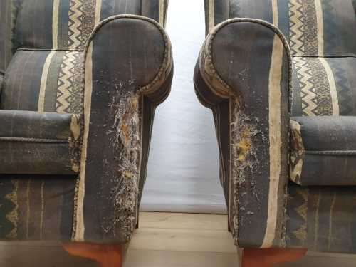 A pair of vintage Queen Anne footed Wingback upholstered arm chairs