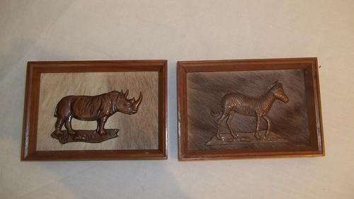TWO AWESOME FRAMED COPPER ANIMAL PLAQUES ON HIDE - THESE ARE PRETTY UNUSUAL PIECES