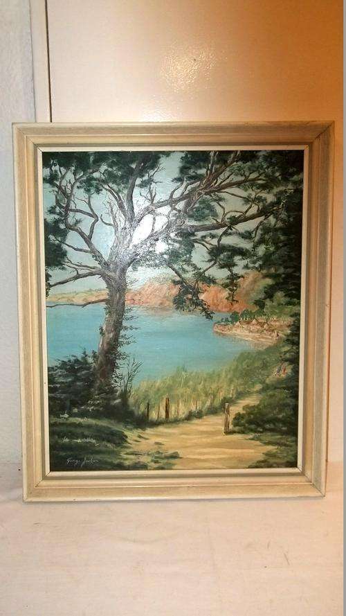 AN AMAZING FRAMED GEORGE JACKSON OIL ON BOARD LANDSCAPE OF A PATHWAY ALONGSIDE A LAKE
