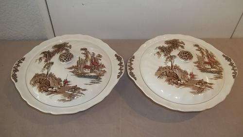 AN MAGNIFICENT  VINTAGE JOHNSON BROTHERS OF ENGLAND "THE OLD MILL" SET OF TWO LIDDED FOOD SERVERS