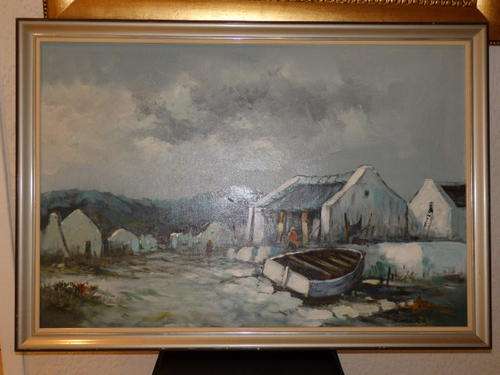 AN EXQUISITE SIGNED ORIGINAL OIL ON CANVAS PAINTING OF A "WEST COAST" FISHING VILLAGE BY S. HARPER