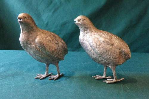 TWO STUNNING FREESTANDING SILVER METAL QUAIL BIRD FIGURINES!!! AWESOME & COLLECTIBLE!