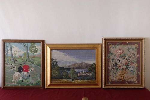 THREE VERY UNUSUAL AND QUITE BEAUTIFUL FRAMED TAPESTRY PIECES - IDEAL FOR A VICTORIAN HOME