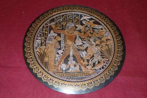 AN AWESOME RARE HANDMADE, HAND ETCHED AND HAND PAINTED EL-SHAMI WALL PLAQUE OF A HUNTING SCENE