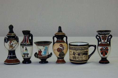 AN AWESOME COLLECTION OF SIX HANDMADE AND HAND PAINTED ORNAMENTAL GREEK MINIATURE VASES