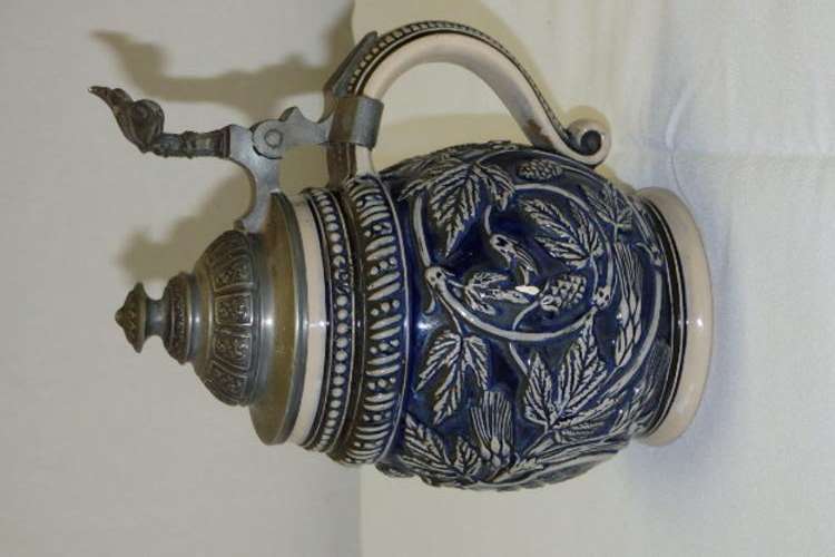 AN EXQUISITE GERMAN MADE COBALT BLUE PEWTER LIDDED IRONSTONE STEIN IN FANTASTIC CONDITION