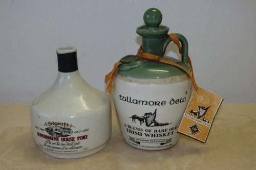 TWO FANTASTIC COLLECTABLE STONEWARE DECANTERS INCLUDING A VINTAGE SEDGWICKS PORT AND A TULLAMORE DEW