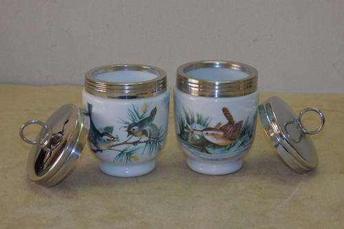 TWO FANTASTIC ROYAL WORCESTER OF ENGLAND PORCELAIN "EGG COBBLERS" WITH CHROMED SCREW-ON LIDS