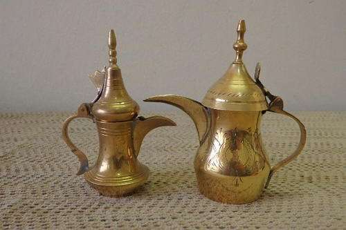 TWO STUNNING VINTAGE SOLID BRASS HAND ENGRAVED TURKISH/ INDIAN COFFEE POTS
