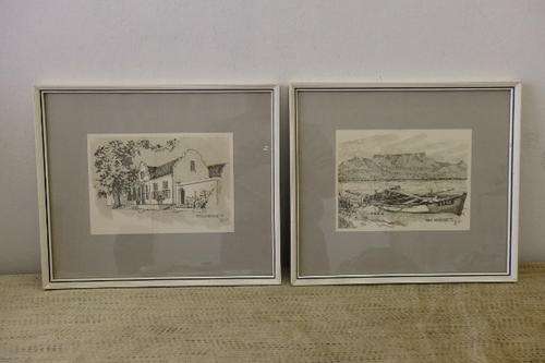 TWO AWESOME FRAMED VINTAGE SILK SCREENED ETCHED PICTURES OF TABLE MOUNTAIN AND STELLENBOSCH