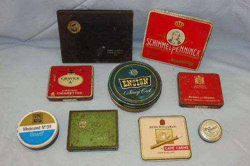 A FANTASTIC COLLECTION OF NINE ASSORTED COLLECTIBLE SMOKING RELATED TINS INCLUDING RARE TINS bid/tin