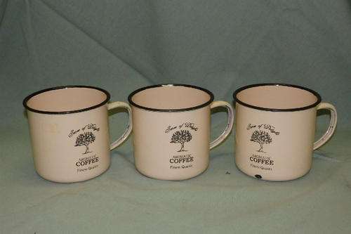 THREE AWESOME CREAM COLOURED "SENSE OF DELIGHT AROMATIC COFFEE" BRANDED ENAMEL COFFEE MUGS