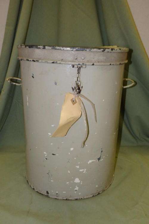 AN AWESOME VINTAGE METAL DRY GOODS STORAGE BIN WITH A HINGED LOCKABLE LID