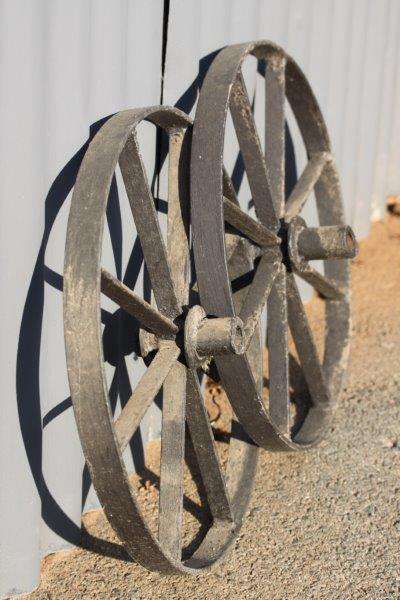 A PAIR OF AWESOME VINTAGE METAL WHEEL BARROW WHEELS! VERY COOL! bid/wheel