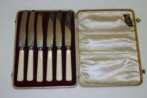 A SUPERB BOXED SET OF SIX VINTAGE VINERS LTD OF SHEFFIELD ENGLAND BONE HANDLED BREAD/ BUTTER KNIVES