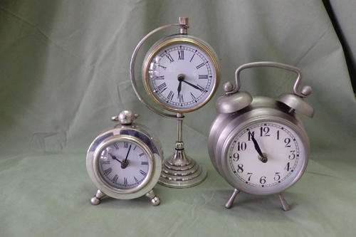 THREE STUNNING METAL DISPLAY CLOCKS INCLUDING TWO SILVER PLATED CLOCKS IN WORKING CONDITION